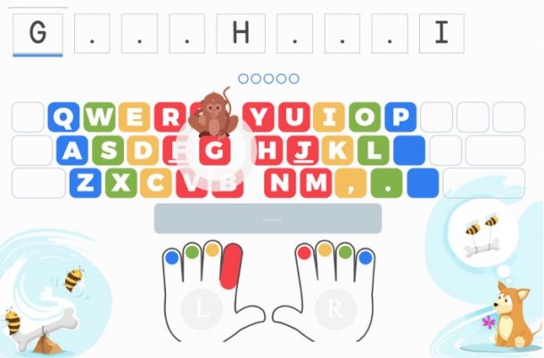 Screenshot of a student's point of view using typing for kids with rainbow keyboard