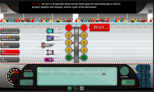 In the Nitro Type app, racecars appear alongside typing instructions